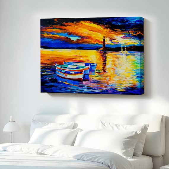 Sunset Harbor Seascape With Boats And Lighthouse Oil Painting Canvas Print