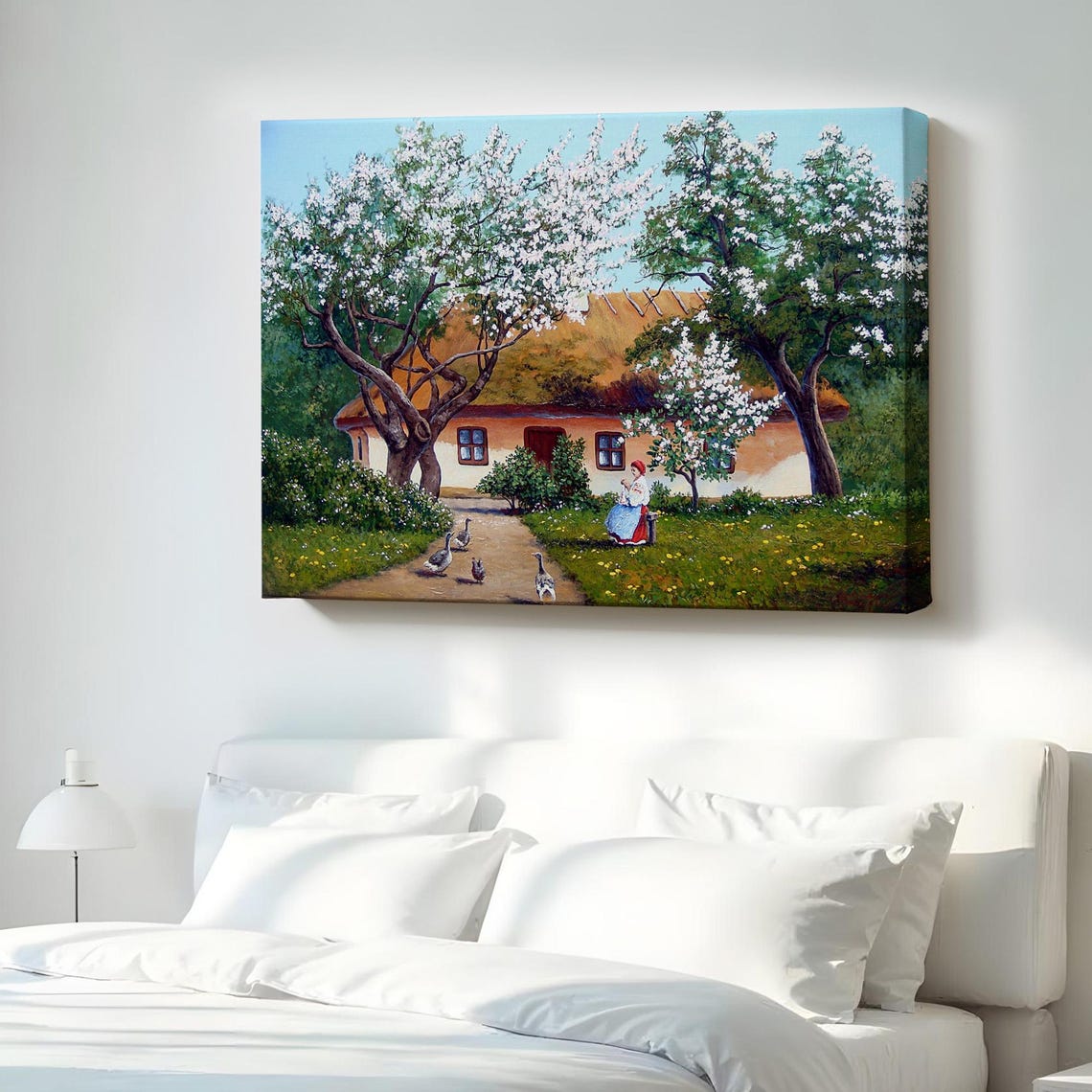 Thatched Cottage In Blooming Spring Orchard With Geese Poster