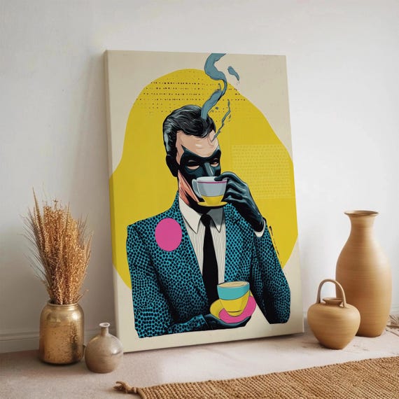 Pop Art Coffee Man Canvas Wall Modern Colorful Retro Print Framed Bold Graphic Artwork For Office Studio Living Room Decor