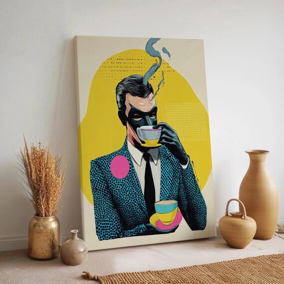 Pop Art Man Drinking Coffee Colorful Retro Suit Halftone Poster