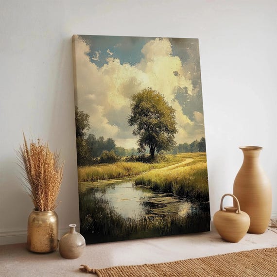 Landscape Canvas Wall Art Tree By Pond Painting Countryside Nature Scene Rustic Field Artwork Framed Natural Pastoral Decor