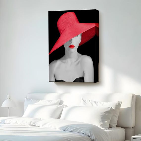 Elegant Young Woman With Red Lipstick And Hat Canvas Art Portrait Decor Wall