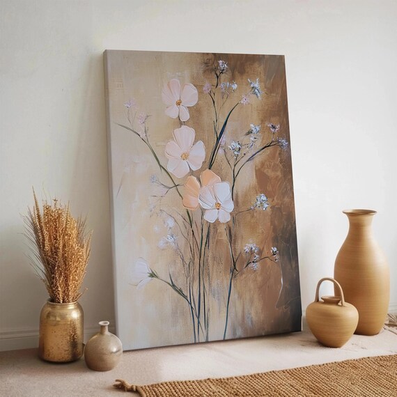 Neutral Floral Canvas Wall Art Soft Beige Botanical Print Minimalist Flower Painting Elegant Framed Artwork Rustic Nature Decor Gift
