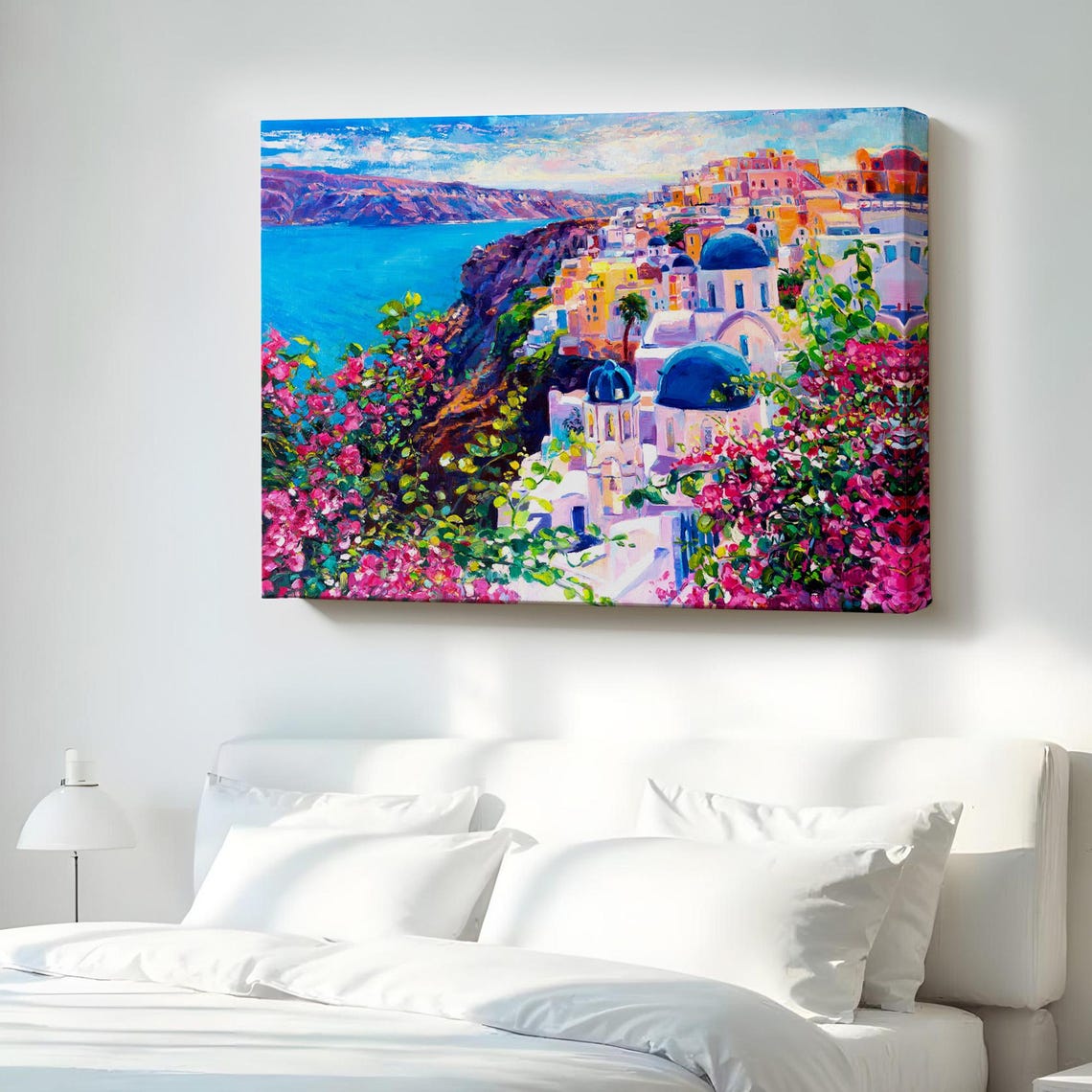 Santorini Greece Blue Domes Bougainvillea Caldera View Wall Art