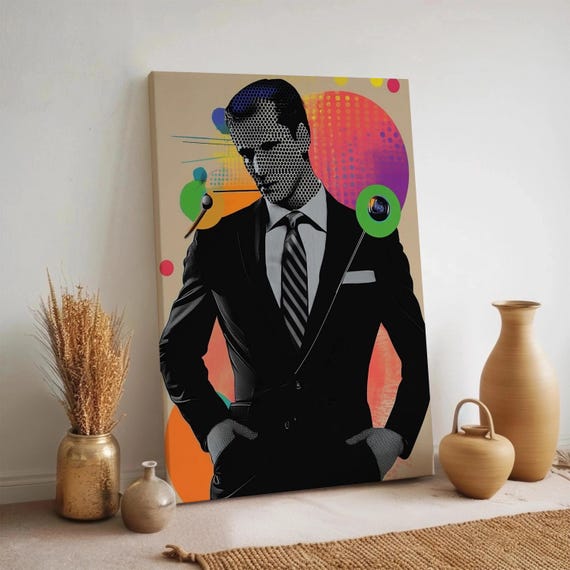 Pop Art Man Canvas Wall Modern Abstract Male Portrait Bold Graphic Suit Artwork Colorful Framed Decor For Office Bachelor Space
