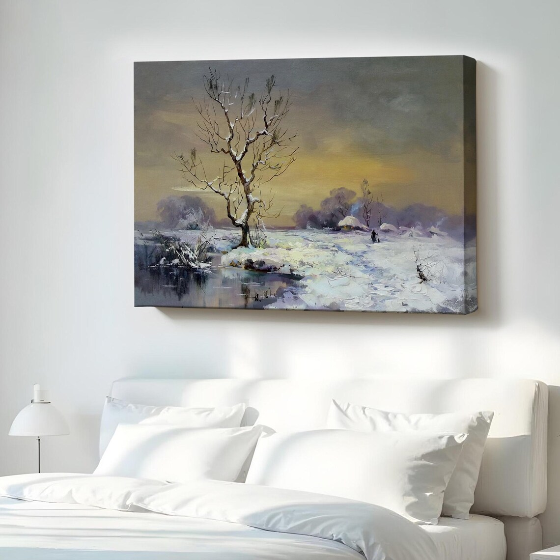 Snow Covered Winter Village Landscape Oil Painting Serene Snowy Cabin Poster