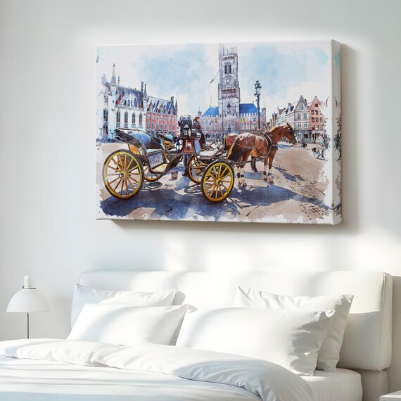 Horse Drawn Carriage Old European Town Square Painting with Clock Tower Poster