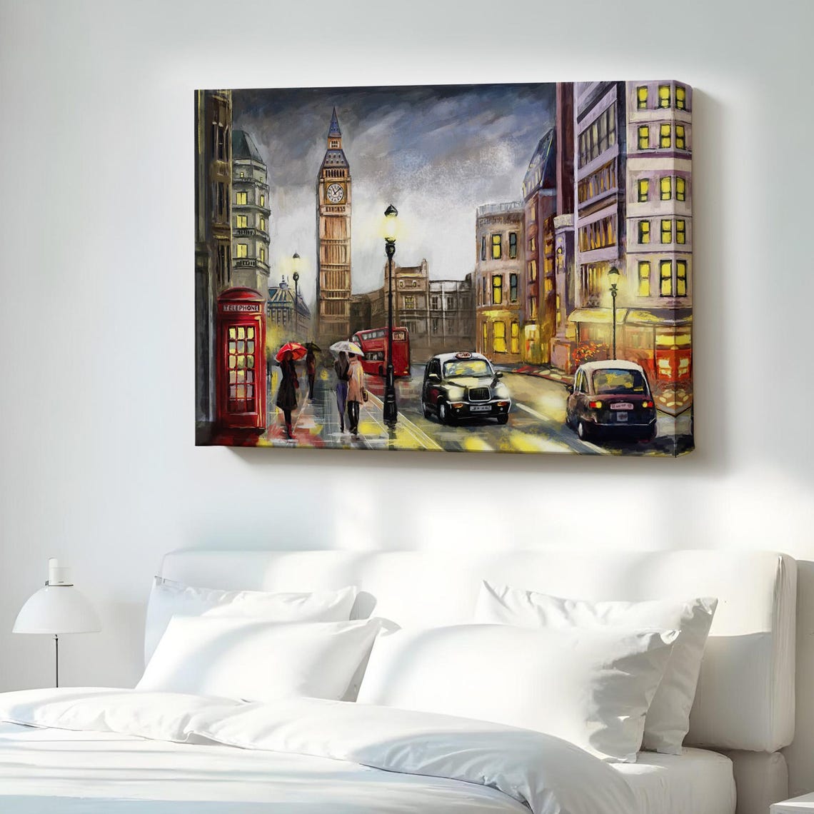 Rainy London Street Big Ben Phone Box Black Cab Canvas Print