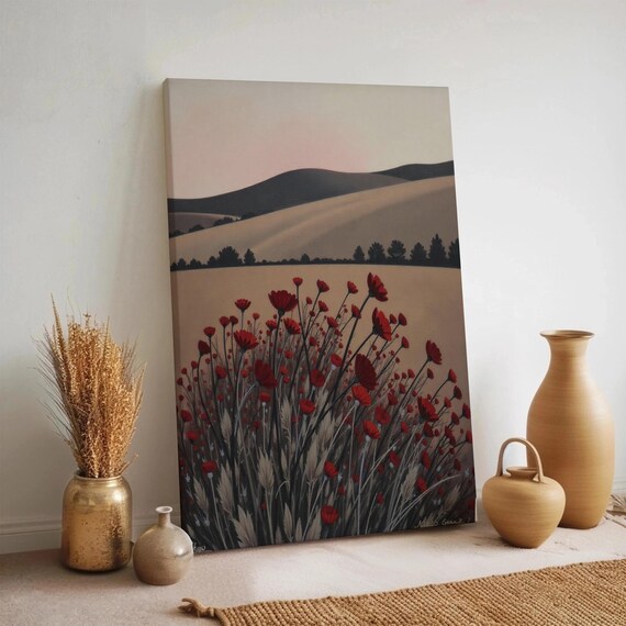Red Poppy Field Countryside Landscape Sunset Wildflower Canvas Print