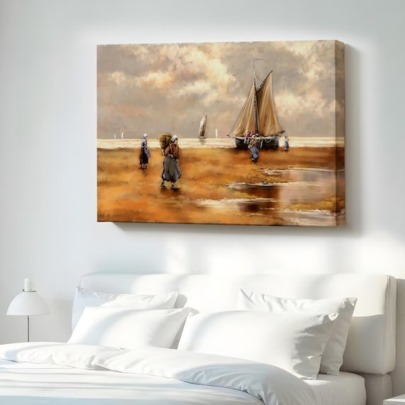 Vintage Fishermen Beach Sailboats Classic Oil Painting Wall Poster