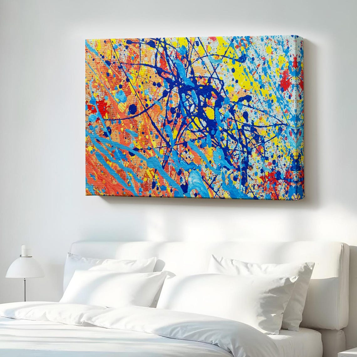 Vibrant Abstract Splatter Art Blue Yellow Orange Canvas Print