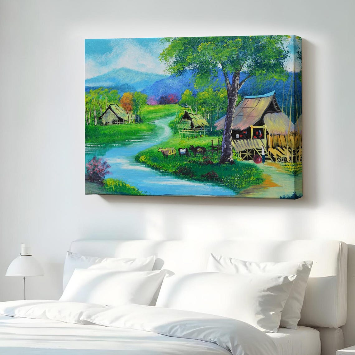 Tropical Riverside Village With Stilt Huts And Cattle Landscape Print