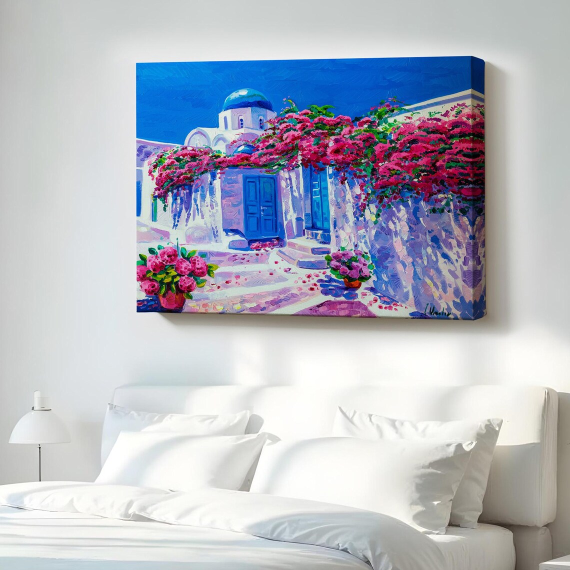 Santorini Greece Blue Dome Church Pink Bougainvillea Oil Painting Poster