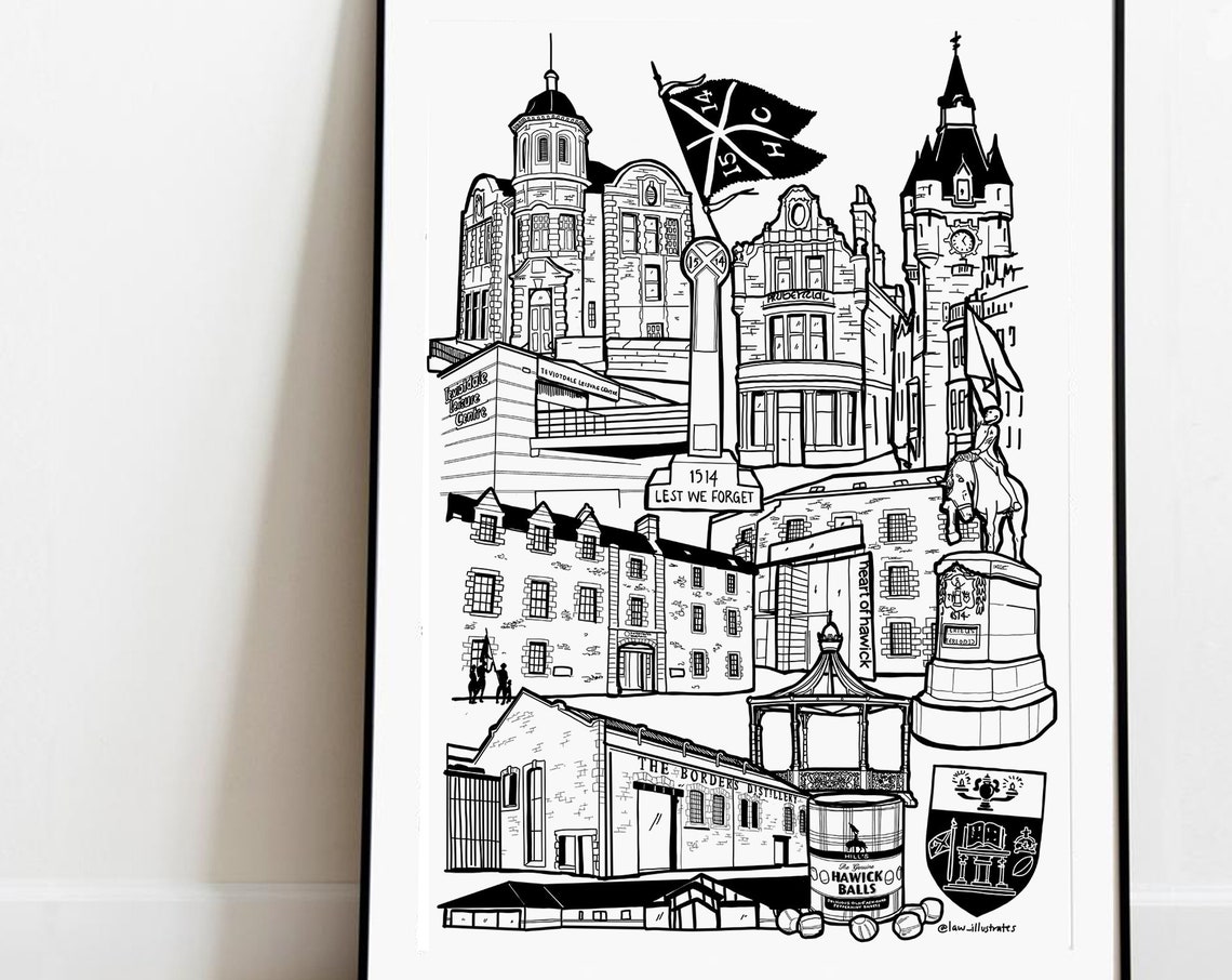Hawick Scotland Landmarks Black And White Illustrated Art Print