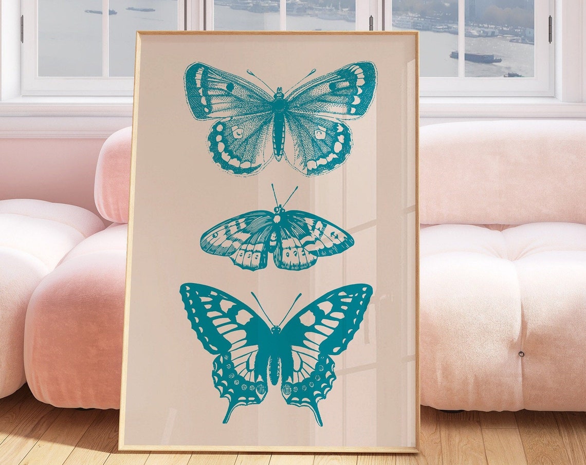 Blue Butterfly Trio Vintage Naturalist Botanical Sketch Art Poster