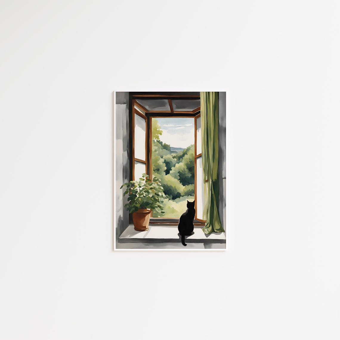 Black Cat Sitting on a Windowsill Overlooking Green Hills Poster