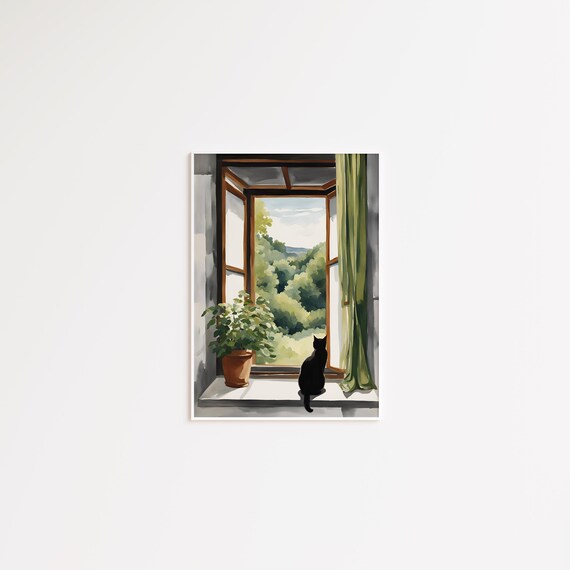 Black Cat Sitting on a Windowsill Overlooking Green Hills Poster