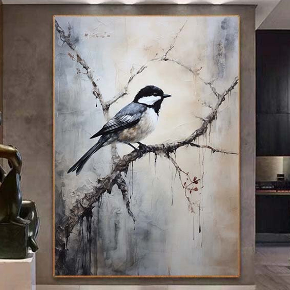 Black And White Chickadee Perched On Branch Misty Art Poster