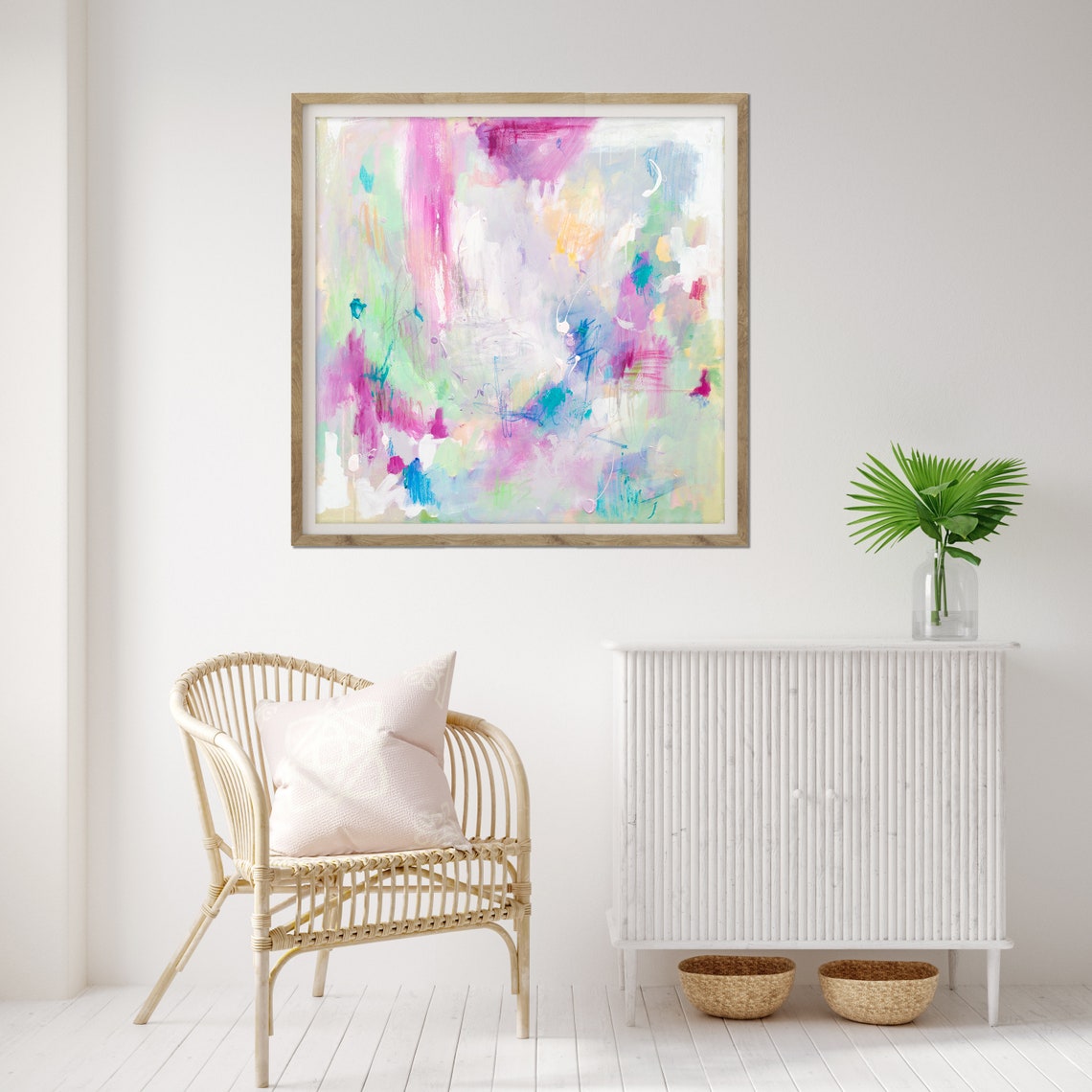 Pastel Pink Mint Teal Splash Colorful Abstract Painting Wall Art