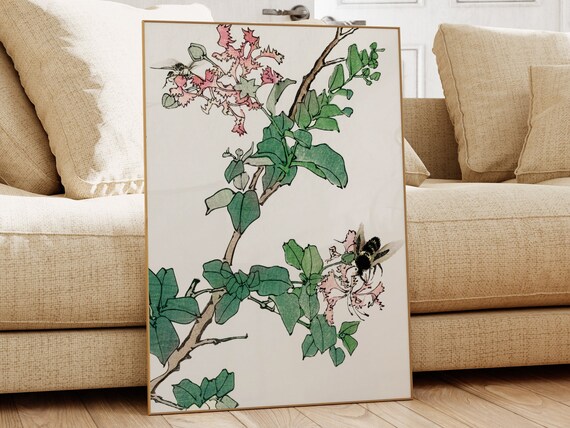 Japanese Woodblock Bumblebee on Pink Blossom Botanical Art Poster
