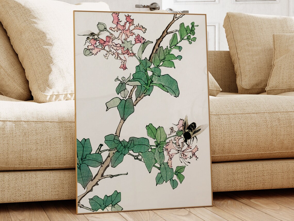 Japanese Woodblock Bumblebee on Pink Blossom Botanical Art Poster