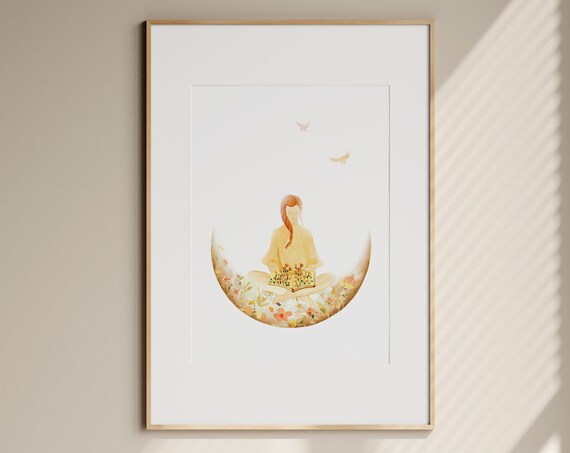 Girl and the Moon Art Print, Celestial Bedroom Decor