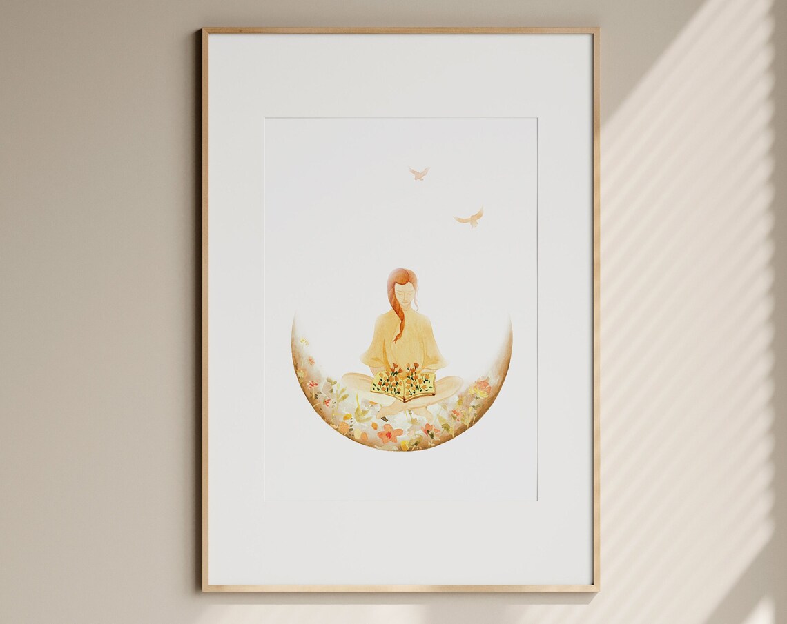 Girl and the Moon Art Print, Celestial Bedroom Decor
