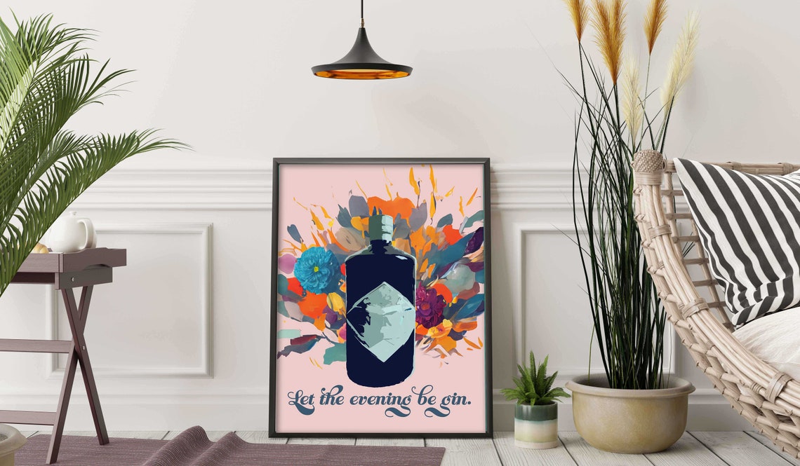 Let The Evening Be Gin Retro Quote Floral Bottle Cocktail Poster