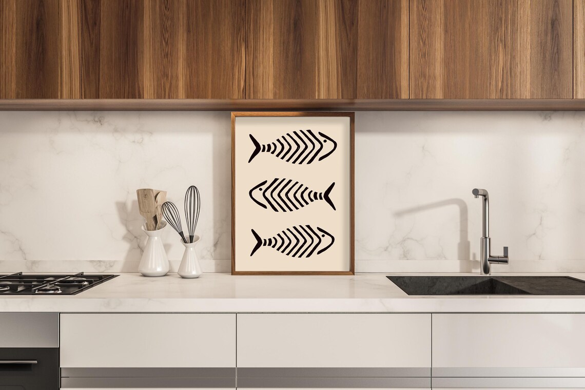 Three Fish Black On Tan Sketched Fish Art With Tan Background - Image 2