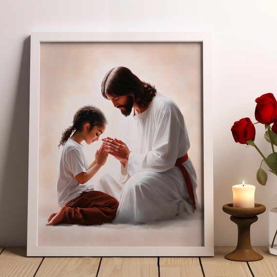 Jesus Praying with a Young Girl Gentle Christian Faith Poster