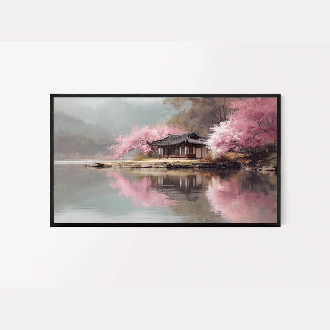 Korean Hanok Spring Cherry Blossom Lake Serene Pink Reflection Poster