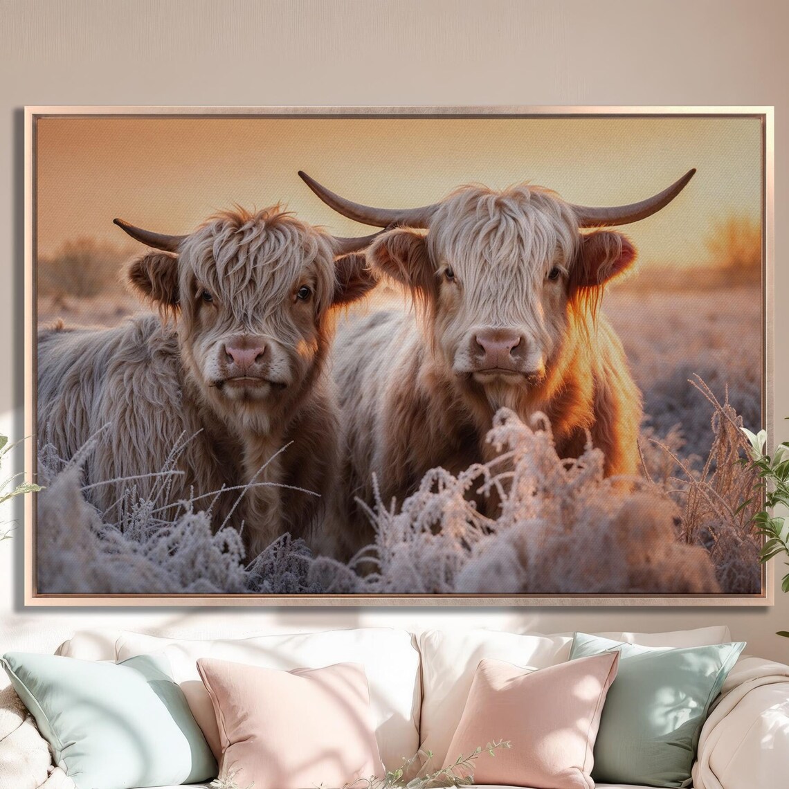 Pair Of White Highland Cows In Frosty Field At Golden Sunset Poster
