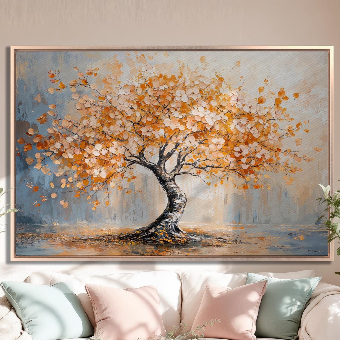 Orange Autumn Tree with Twisted Trunk Blue Nature Elegant Art Poster