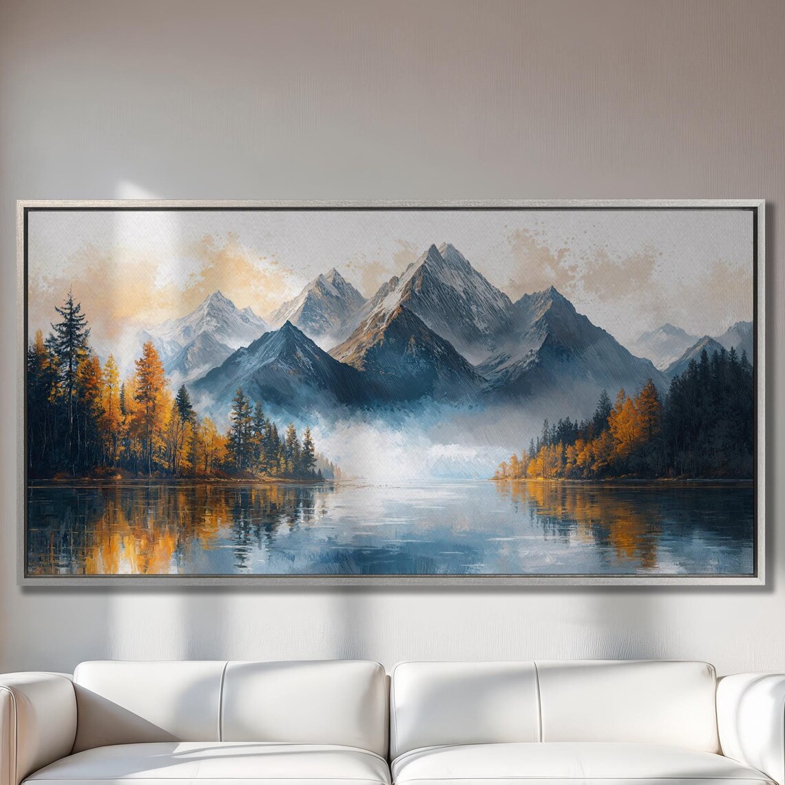 Misty Blue Mountains with Autumn Forest Lake Panorama Art Poster