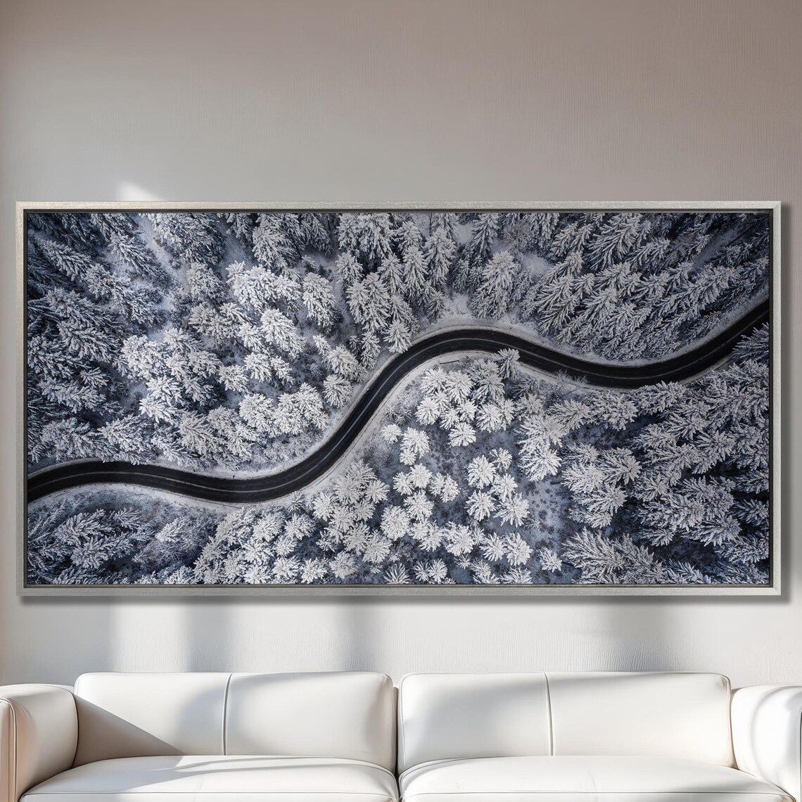 Winter Forest Road, Snowy Aerial Landscape Art Print