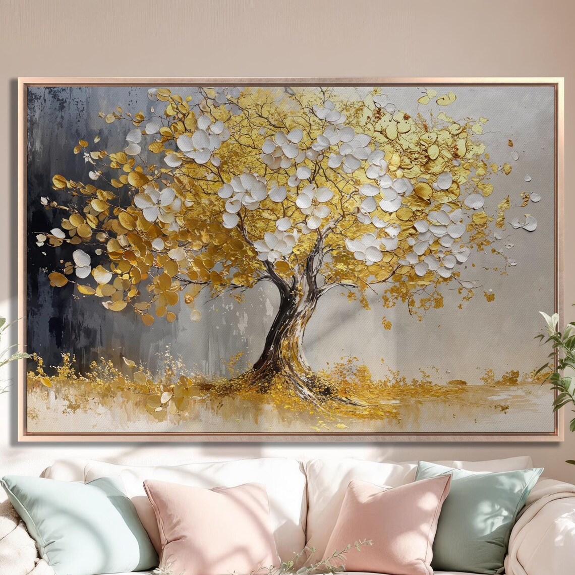 Golden Tree Of Life Painting Gold White Leaves Gray Art Poster
