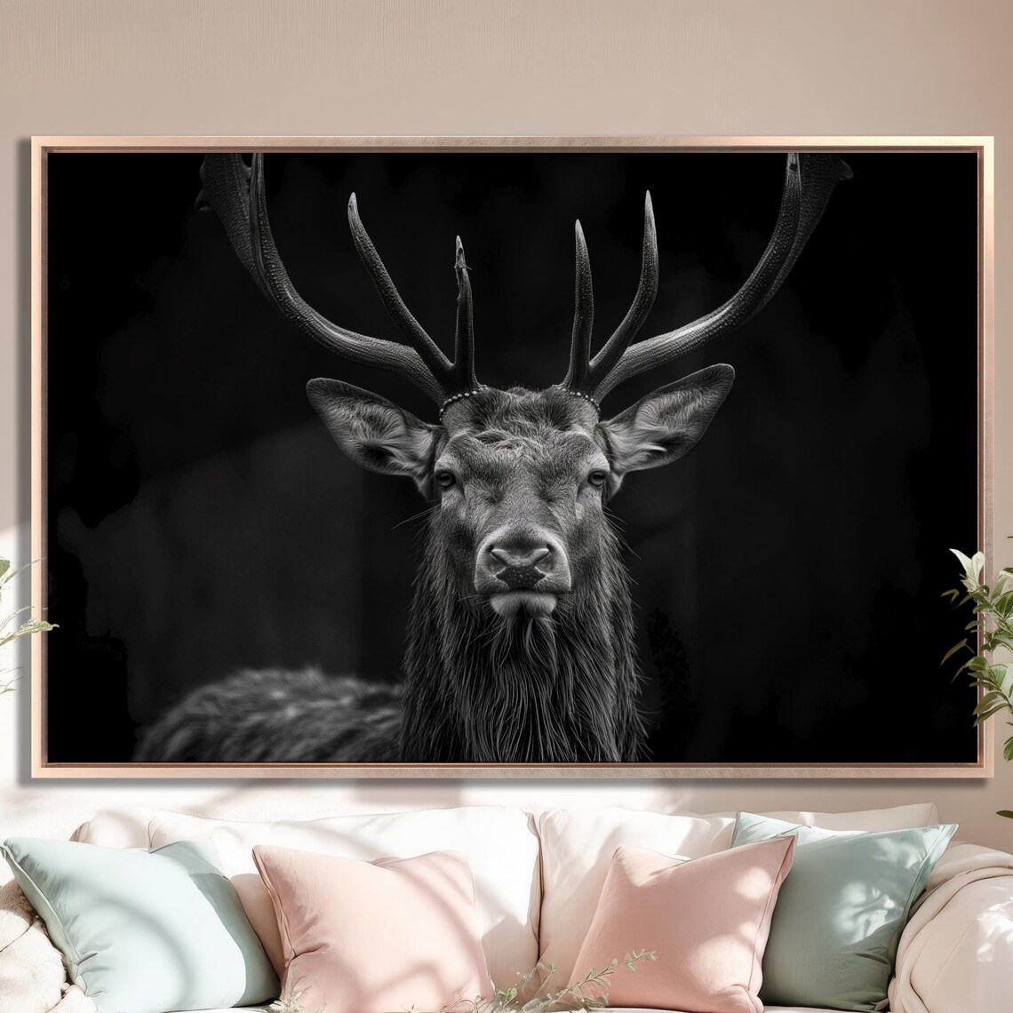 Black And White Stag Portrait Majestic Antlers Dark Wall Art