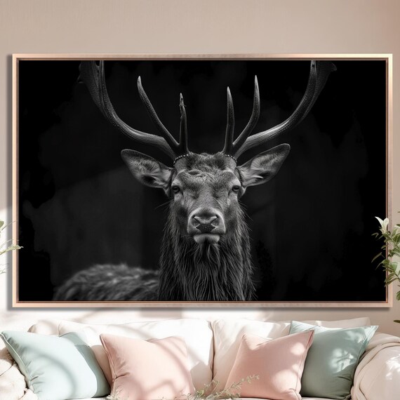 Black And White Stag Portrait Majestic Antlers Dark Wall Art
