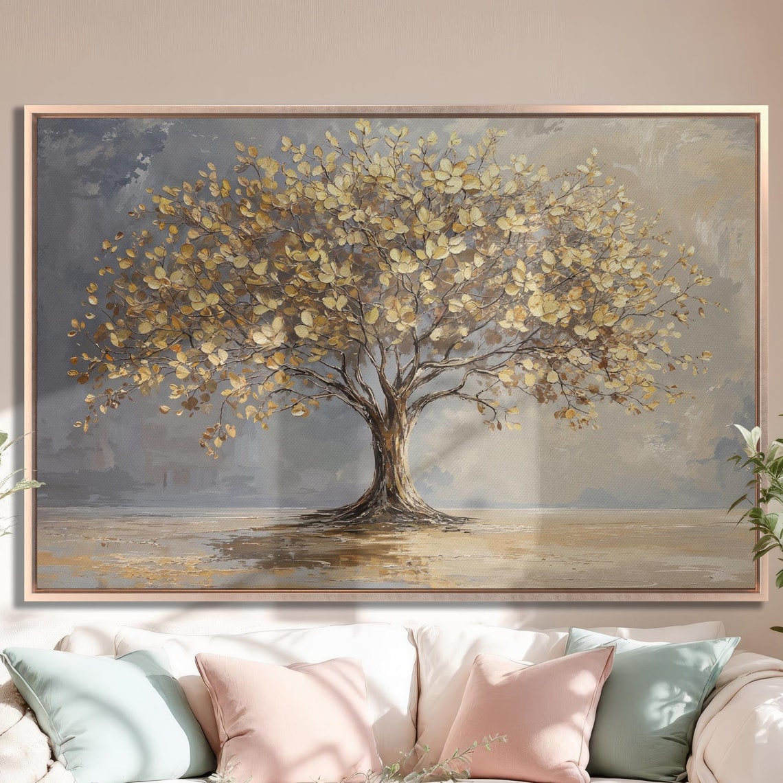 Golden Leaf Tree Standing Alone On Misty Gray Abstract Wall Art