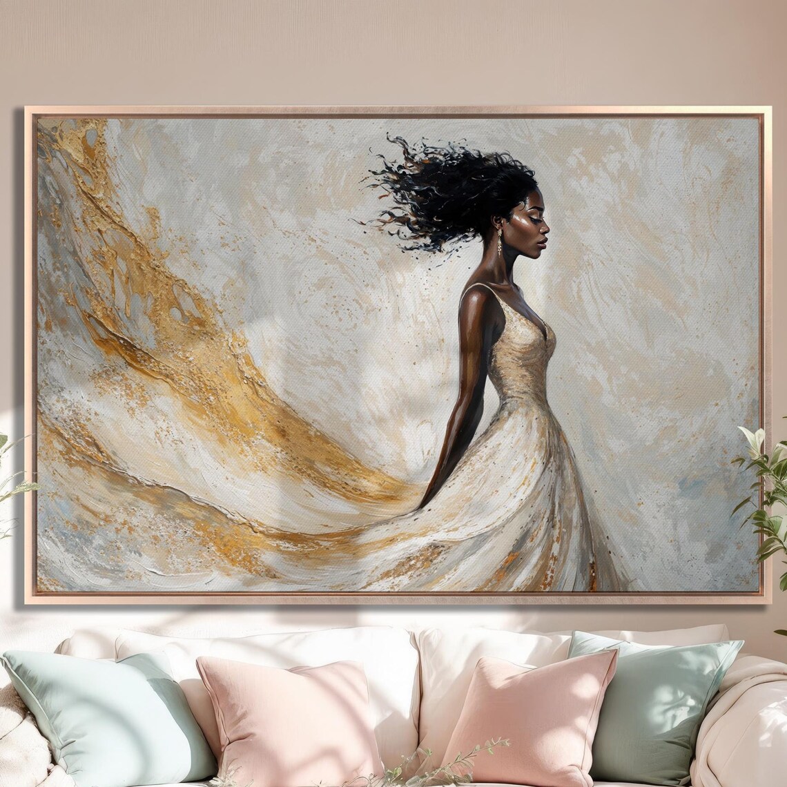 Elegant Woman in a Flowing Gold Gown Abstract Portrait Poster