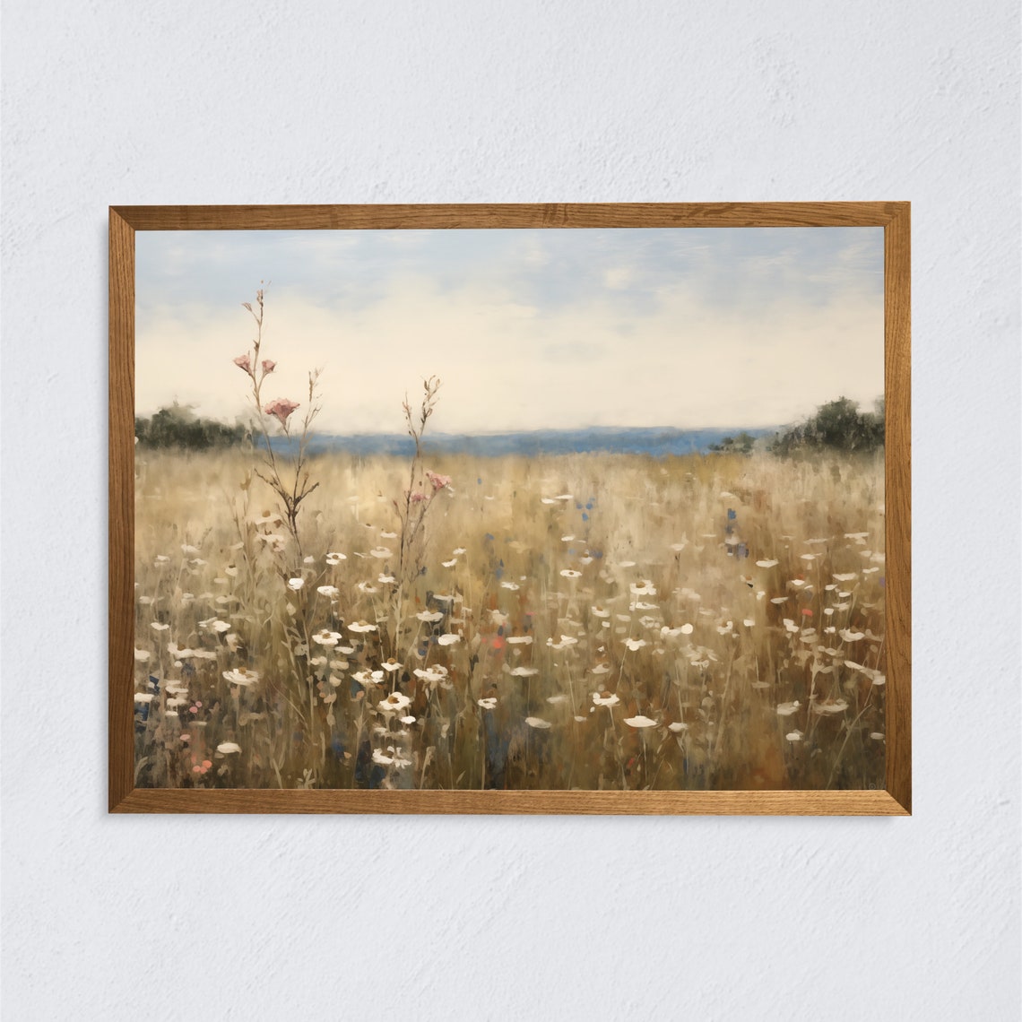 Sea Of White And Rose Wild Flowers Oil Painting Art Countryside Landscape Art Print Vintage Wall Art Cottage Core Subtle Tones