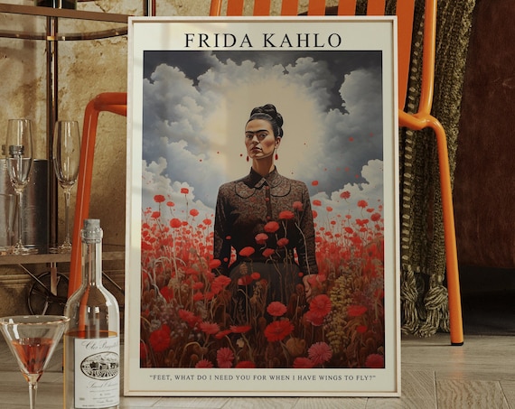 Frida Kahlo Portrait In Red Poppies Wings Famous Quote Poster