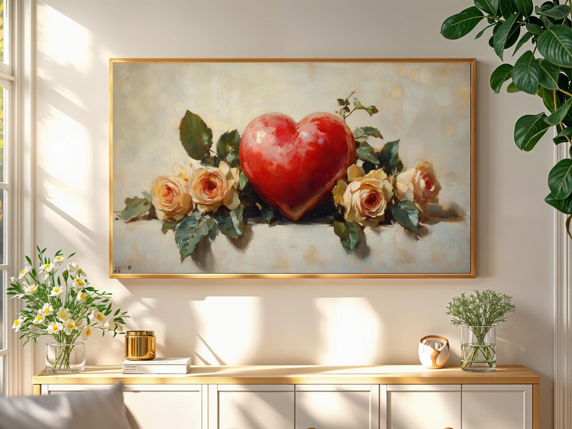 Red Heart With Cream Roses Romantic Vintage Valentines Floral Poster - Image 2