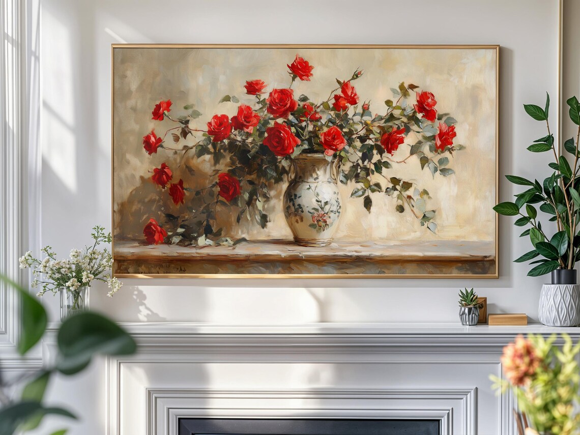 Red Roses White Ornate Vase Vintage Floral Still Life Art Poster - Image 4