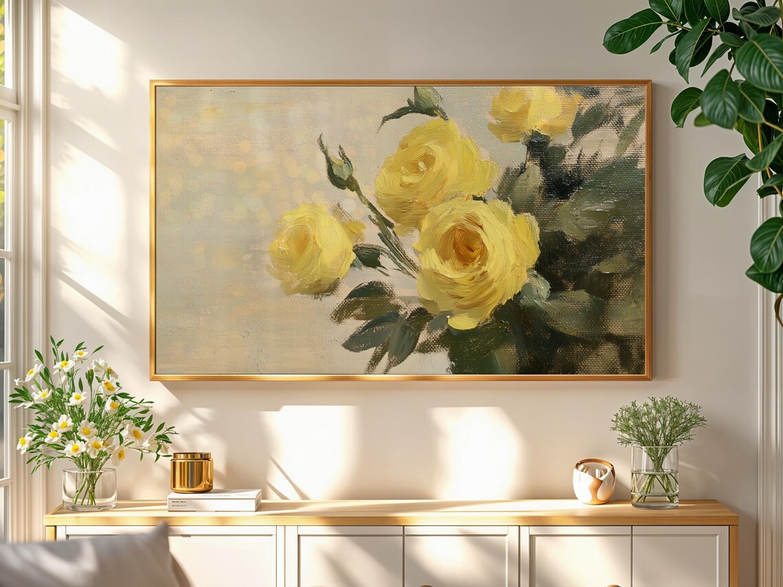 Frame Tv Art Roses Modern Yellow Botanical Flowers Oil Painting For Frame Tv Floral Tv Wallpaper Farmhouse Decor - Image 2