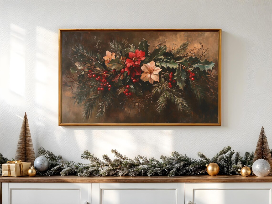 Poinsettia Holly Berries Christmas Garland Vintage Holiday Poster