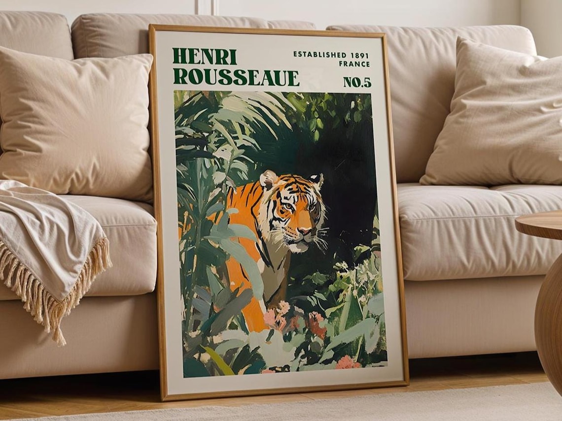 Henri Rousseau Inspired Tiger In Lush Jungle Botanical Art Poster