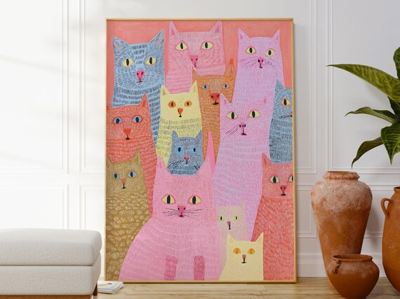 Funny Cat Poster Cute Animal Wall Decor Kids Prints Pink Art Daughters Room Minimalist Modern Illustration