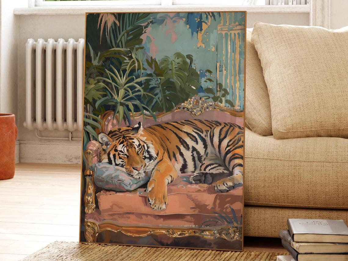Sleeping Tiger On Ornate Sofa Botanical Vintage Wildlife Poster