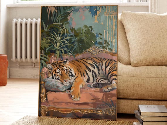 Tiger On Sofa Print Vintage Botanical Illustration Maximalist Wall Art Bold Home Decor